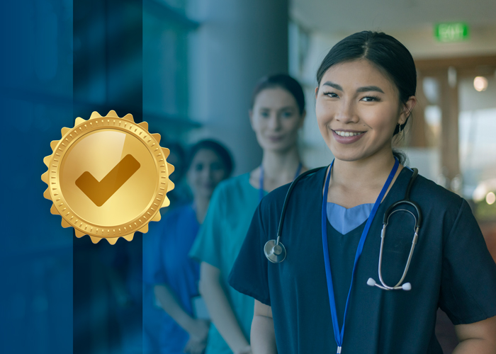 Nurses smiling and a gold ribbon with a check mark on it. Nurses smiling and a gold ribbon with a check mark on it.